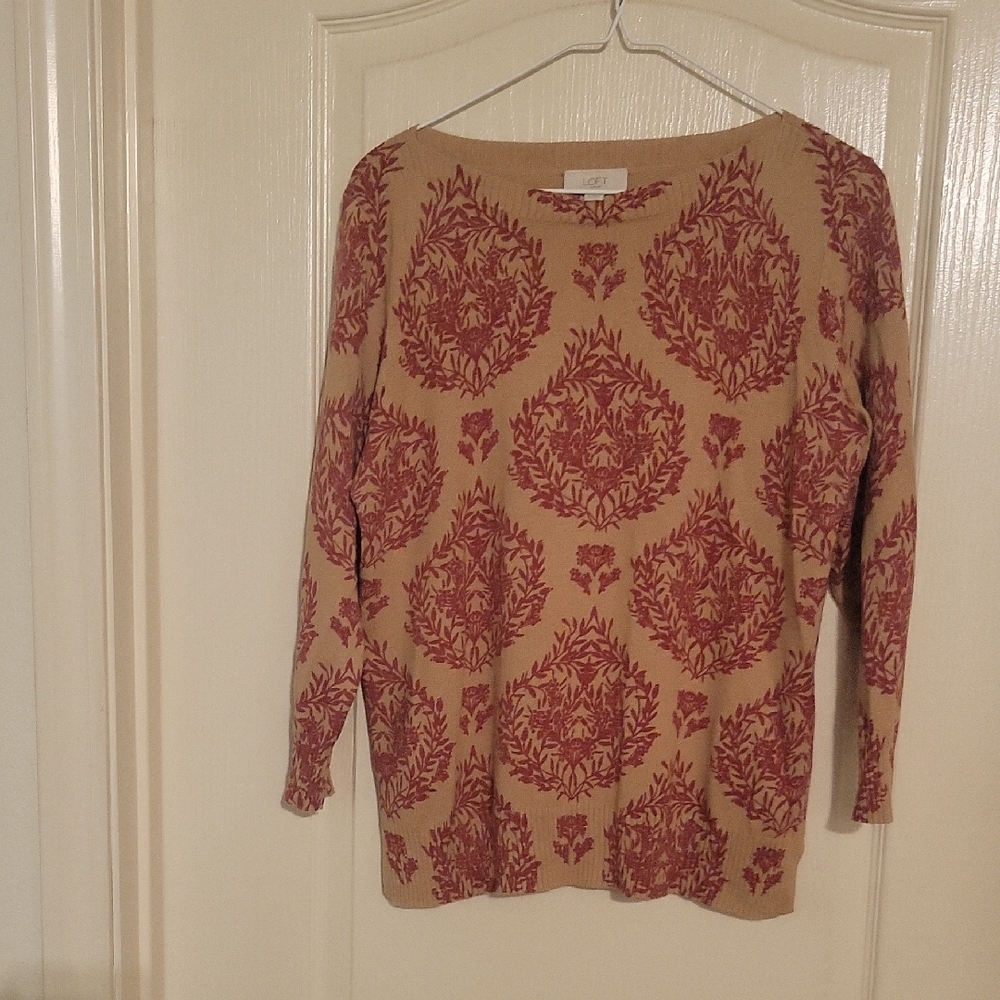 LOFT Women's Sweater with Red Pattern on Tan